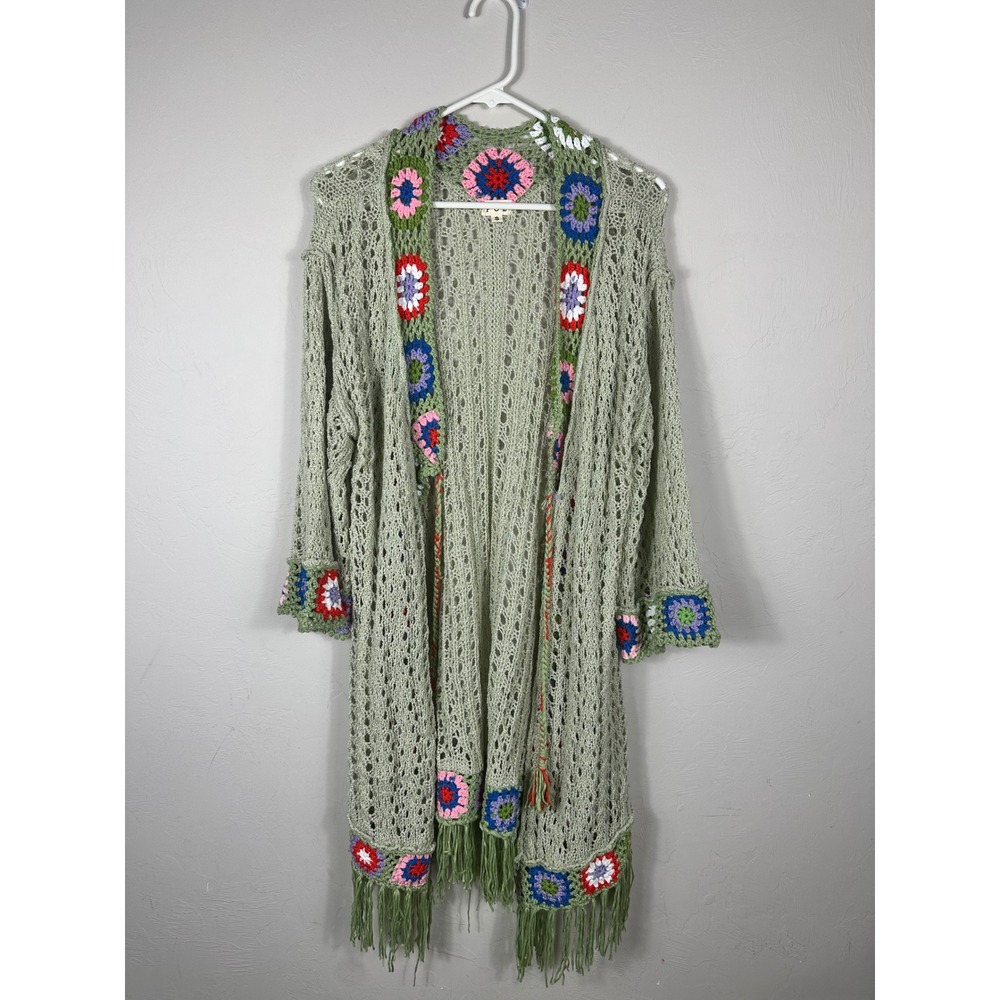 POL Crochet Knit Granny Square Fringe Trim Long Cardigan‎ Duster